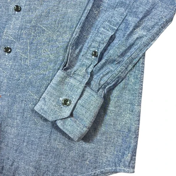 Tallia Men M Chambray Button Down Shirt Blue Subtle Gold Metallic 15.5 34/35 Mod - Picture 7 of 14